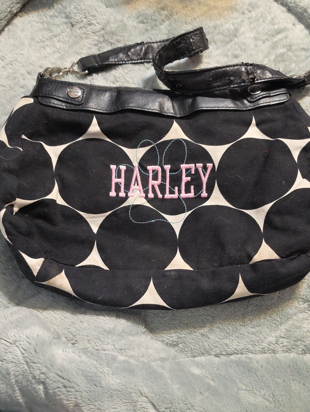 THIRTY ONE Black Polka Dots On White Embroidered "Harley", 9.5" X 14" Cloth